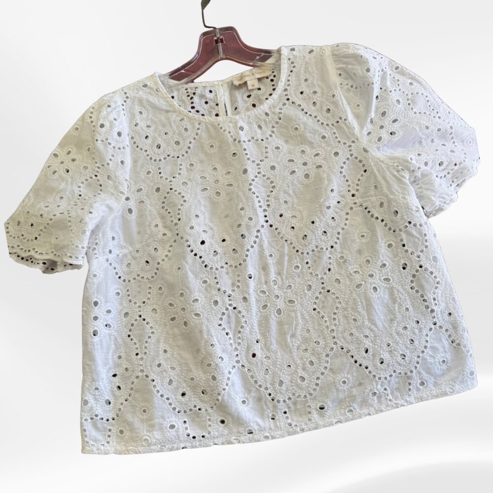 Jennifer and Grace White Eyelet Lace Top Medium Cottagecore Romantic Blouse - Picture 9 of 10